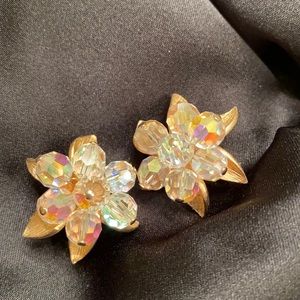 Gold vintage clip earrings w/AB crystals